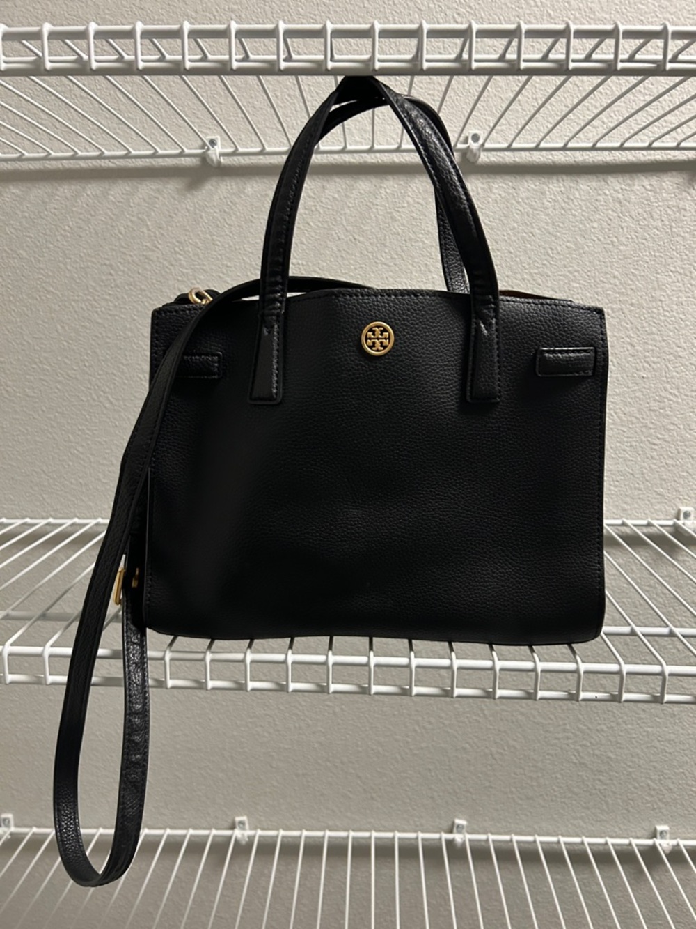 Tory Burch Robinson Black Pebbled Leather Satchel Gold Hardware &Crossbody Strap